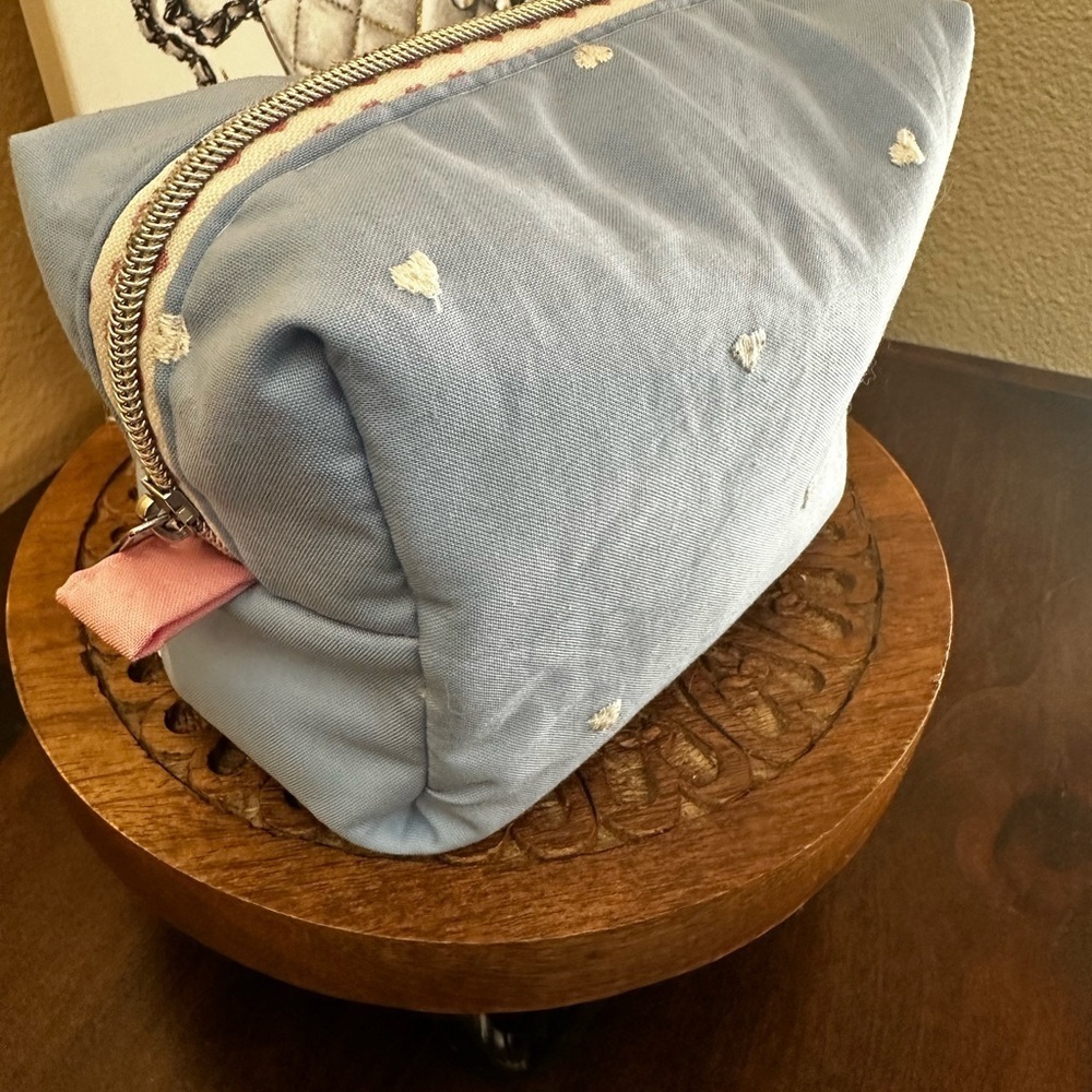 Cosmetic Bag-blue and white heart cotton print, silver hardware New